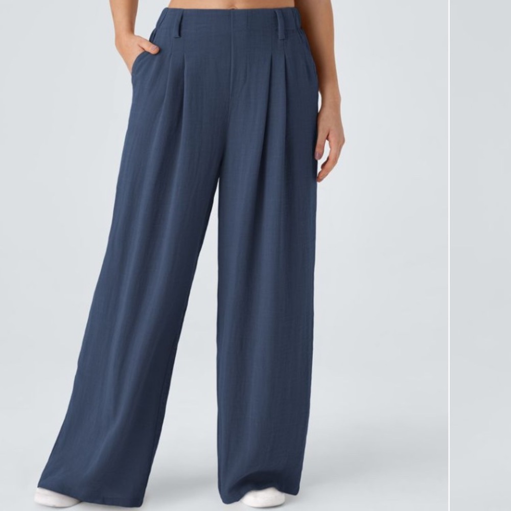 Halara NWT High Waisted Side Pocket Wide Leg Flowy Palazzo Linen-Feel Pants